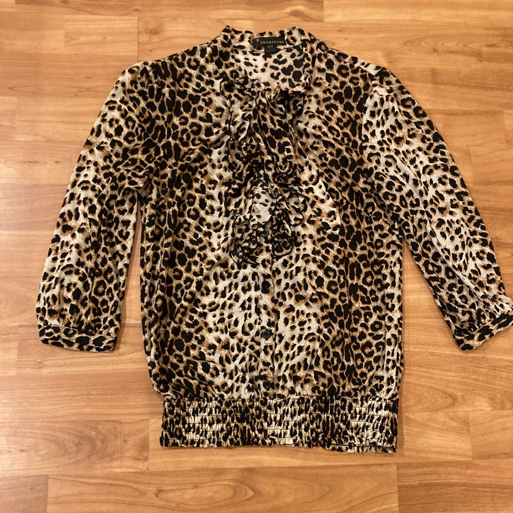Forever21 Leopard Ruffle Tie Neck Blouson …